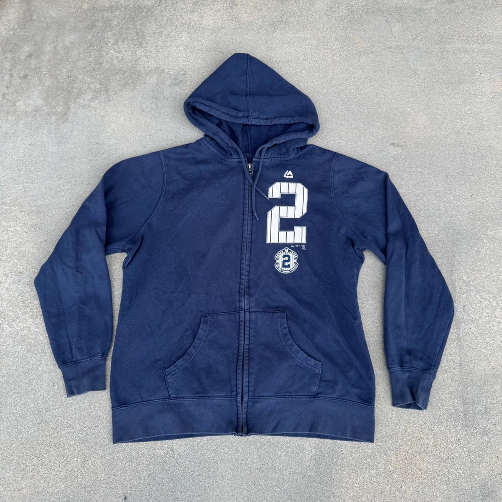 Majestic Men New York Yankees Derek Jeter 2 Full Zip Hoodie Navy Blue Large